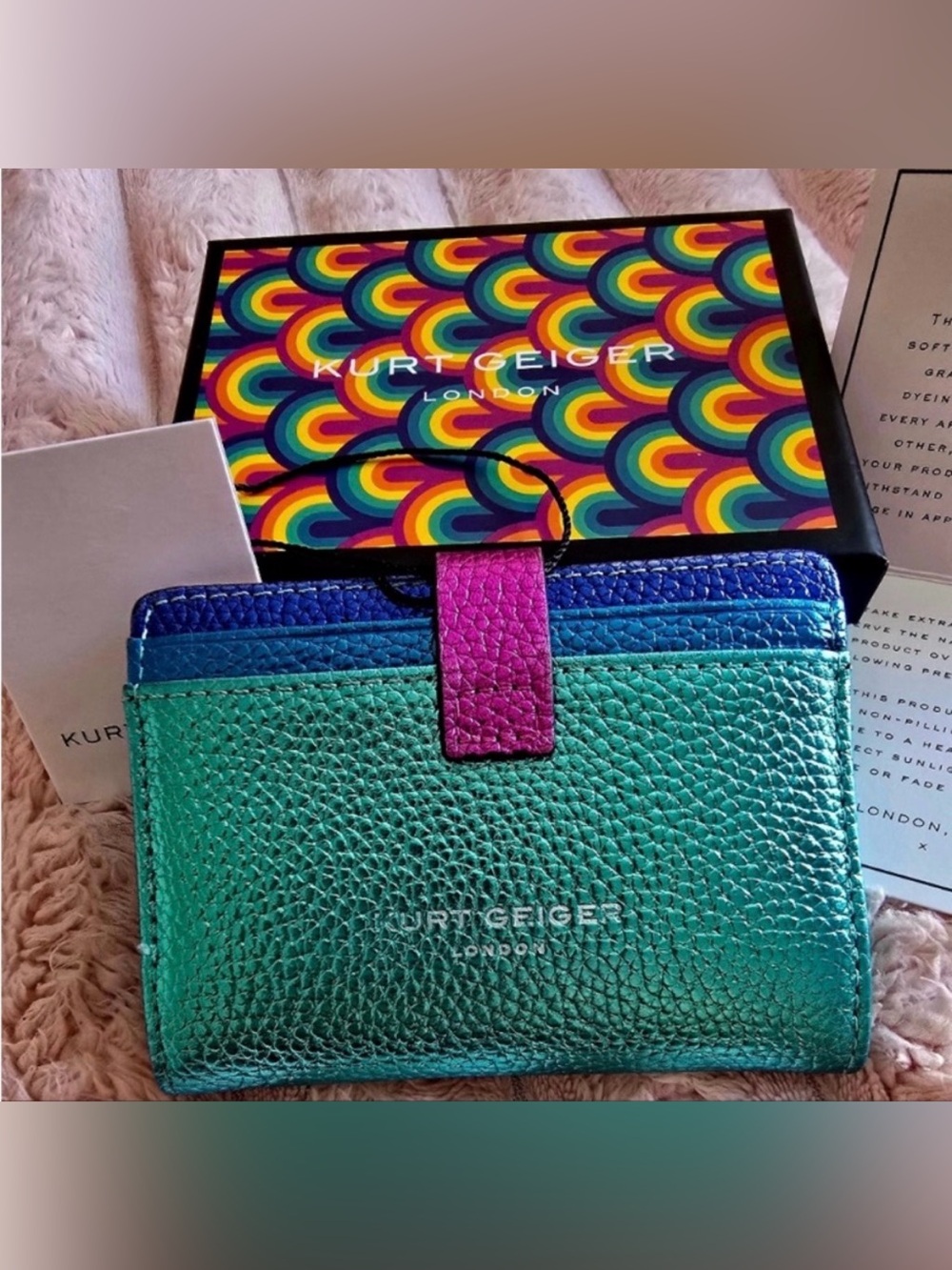 NIB Kurt Geiger London Multi Card Holder Metallic Rainbow Leather Wallet